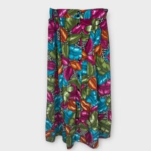 Vintage Colorful Rayon Blend Tropical Button Front Midi Skirt Size 0 XXS
